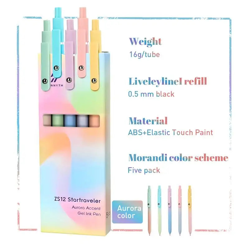 A set of five Aurora color gel ink pens in a five pack for students and office use