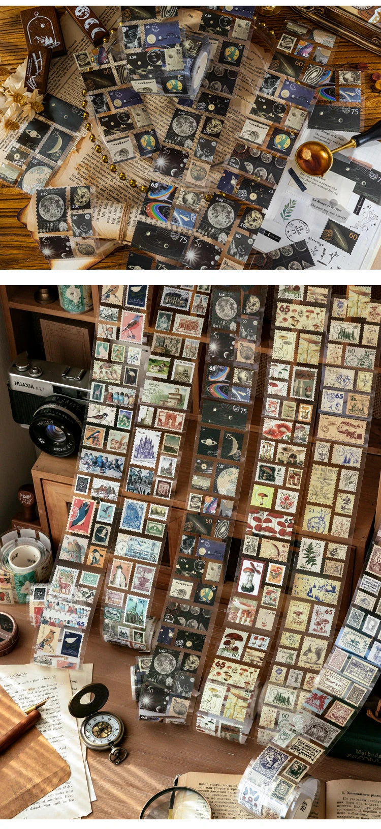 A collection of vintage stamp tape stickers and paper ephemera arranged for scrapbooking.