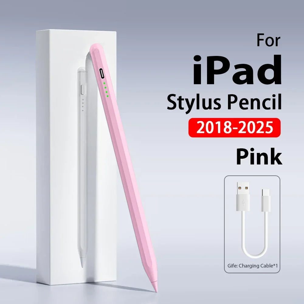 Pink iPad stylus pencil stored in a white case with a charging cable.