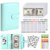 A light mint green A6 PU leather budget binder with cash envelopes and a sheet of paper.