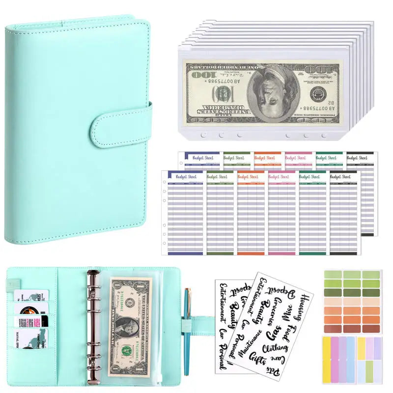 A light mint green A6 PU leather budget binder with cash envelopes and a sheet of paper.