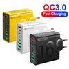 Three yellow and black multi-port fast charging adapters for USB-A and USB-C devices.