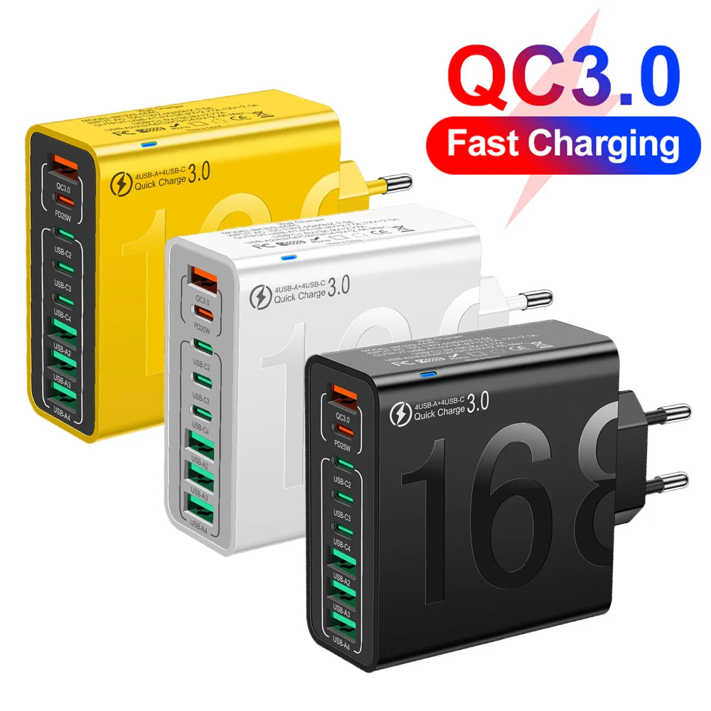 Three yellow and black multi-port fast charging adapters for USB-A and USB-C devices.