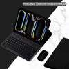 A black magnetic keyboard case for an iPad, shown open with a Bluetooth keyboard and mouse included.