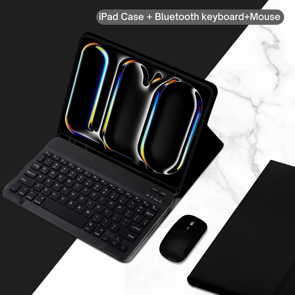 A black magnetic keyboard case for an iPad, shown open with a Bluetooth keyboard and mouse included.