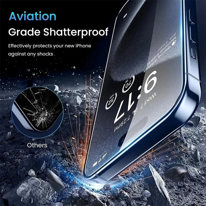 A close-up of a smartphone screen protector film demonstrating shatterproof protection against impacts.