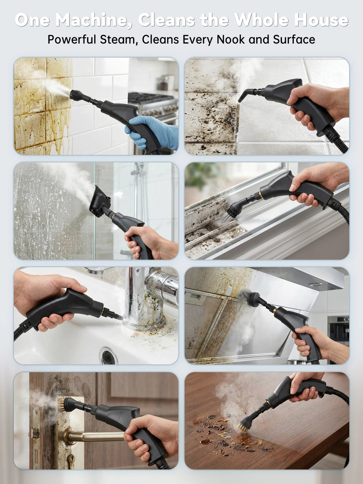 A hand is using a black handheld steam cleaner to clean a tiled wall surface.