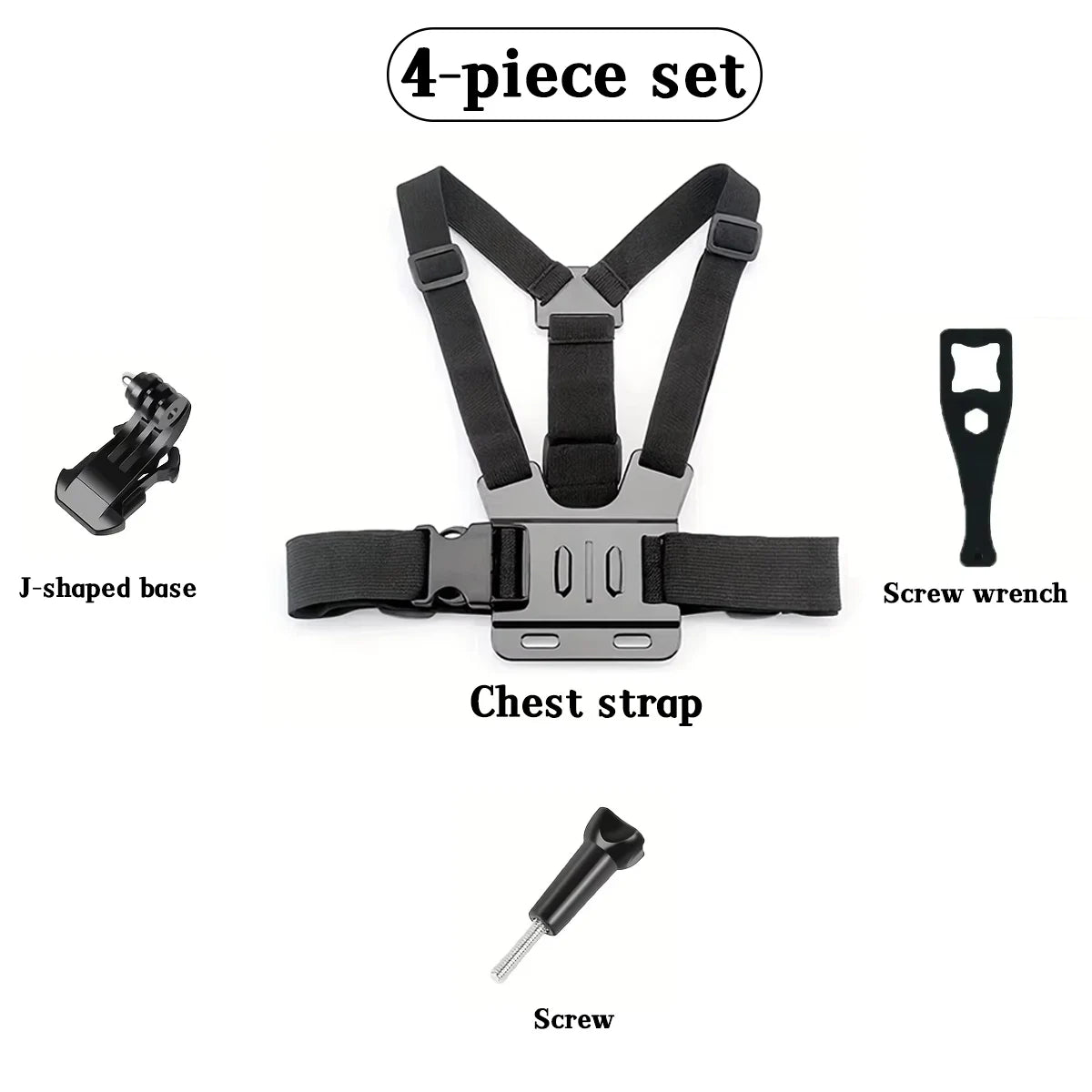 A 4-piece set of adjustable head and chest mounts for action cameras and phones, including a J-shaped base, chest strap, scre