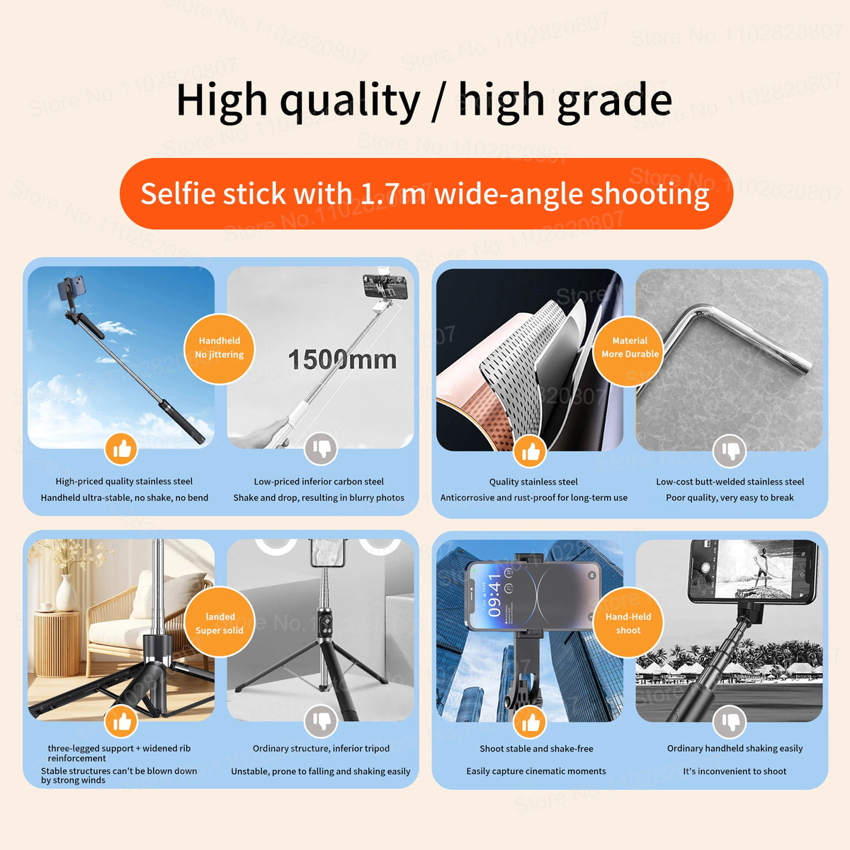 A portable Bluetooth selfie stick tripod with a fill light and remote shown in various shooting angles.