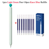 A set of 1 pen and 10 refills for a light green pen, including blue refills.