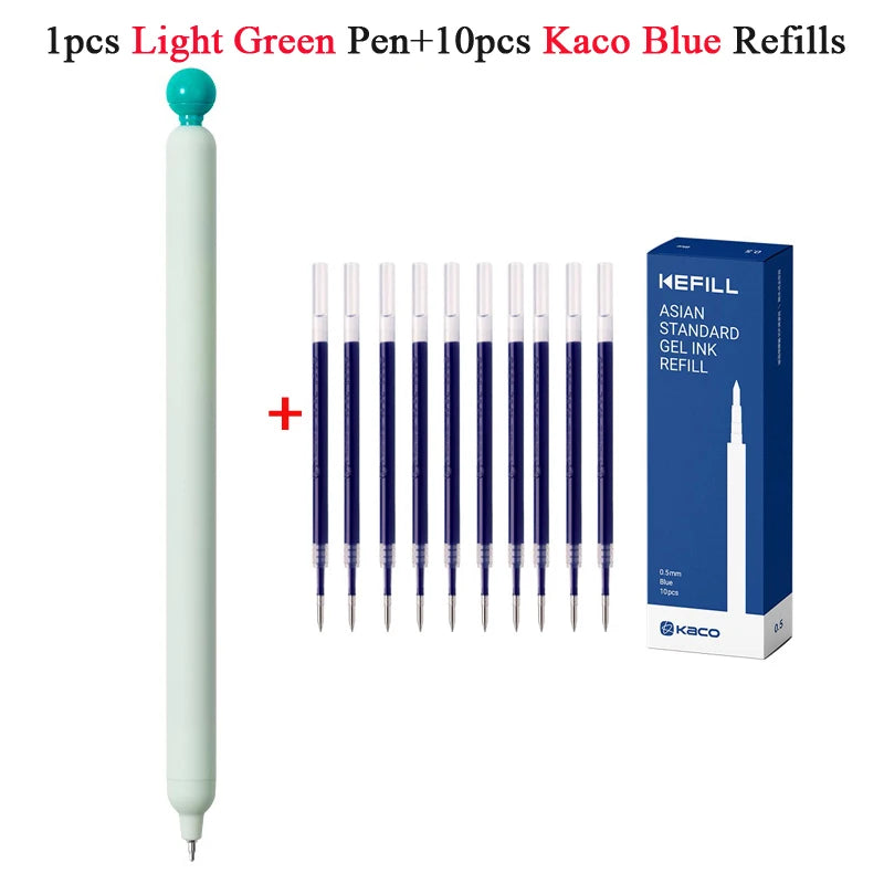 A set of 1 pen and 10 refills for a light green pen, including blue refills.