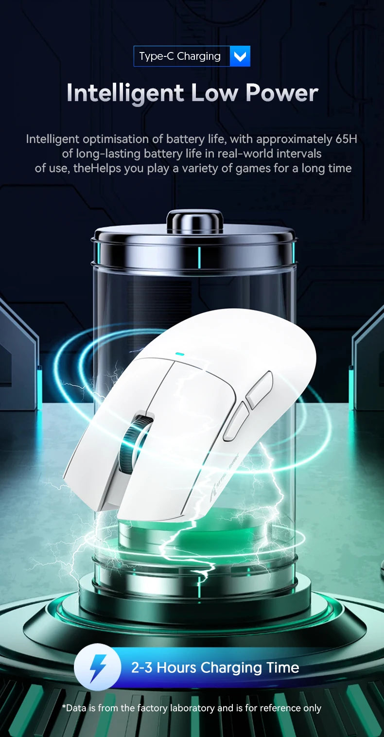 A white wireless gaming mouse is shown being charged by a Type-C cable, with blue energy effects surrounding the device.
