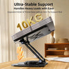 A black adjustable dual rod tablet and phone stand supporting a 10kg weight on a wooden table.