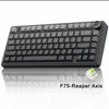 A black mechanical keyboard, the F75-Reaper Axis, is shown with a small green accessory.