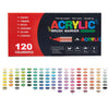 Box of 120 color acrylic brush markers with various colors and tips for DIY crafts