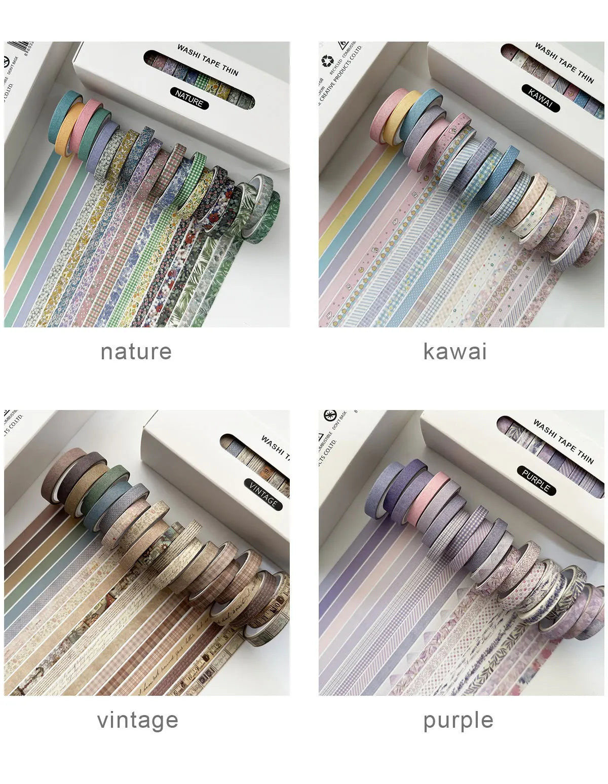 A collection of colorful retro washi tape in various patterns and colors including nature, kawai, vintage, and purple.