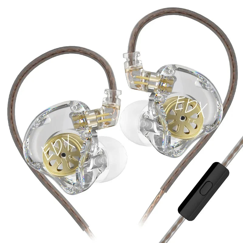 A pair of KZ EDX Lite wired in-ear monitors with gold accents and a black control cable.