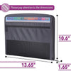 A gray expandable multi-pocket document folder with various labeled pockets and dimensions shown.
