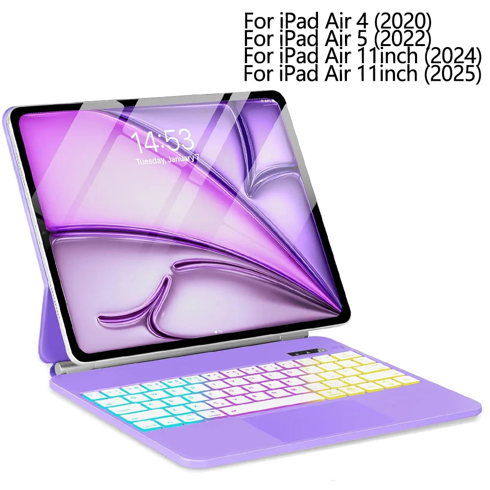 A purple Slim Bluetooth Keyboard Case for an iPad Air showing the keyboard and trackpad.