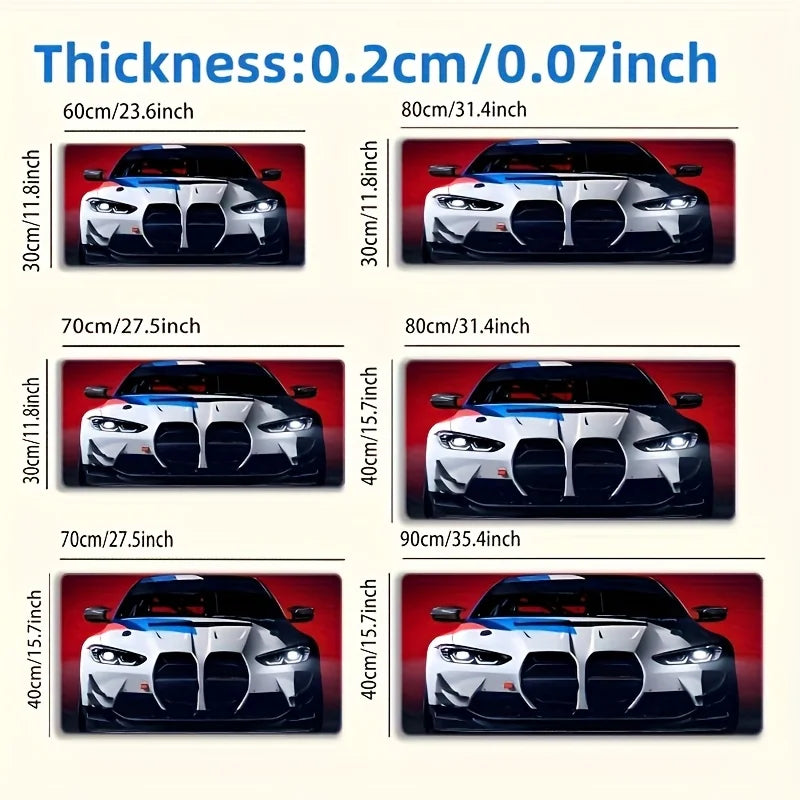 A set of large non-slip gaming mouse pads featuring various BMW racing car designs and dimensions.