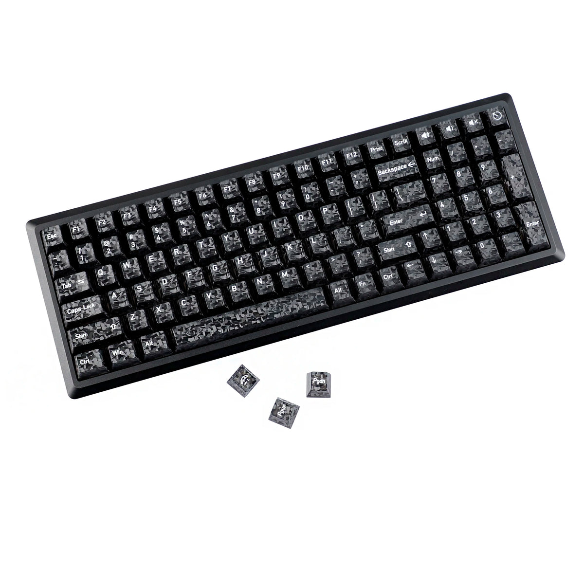 A close-up view of black carbon fiber texture keycaps for MX Mechanical keyboards.