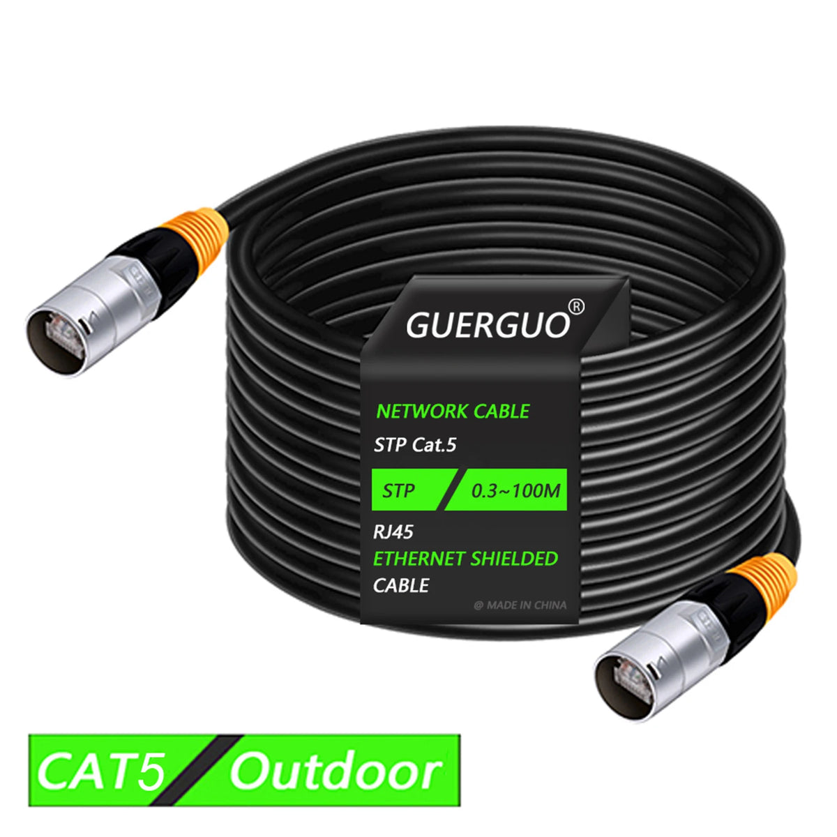 Black coiled network cable with orange connectors, labeled as STP Cat5 Ethernet Shielded Cable for outdoor use.