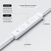 A white wired remote control for earphones showing controls for music and call functions