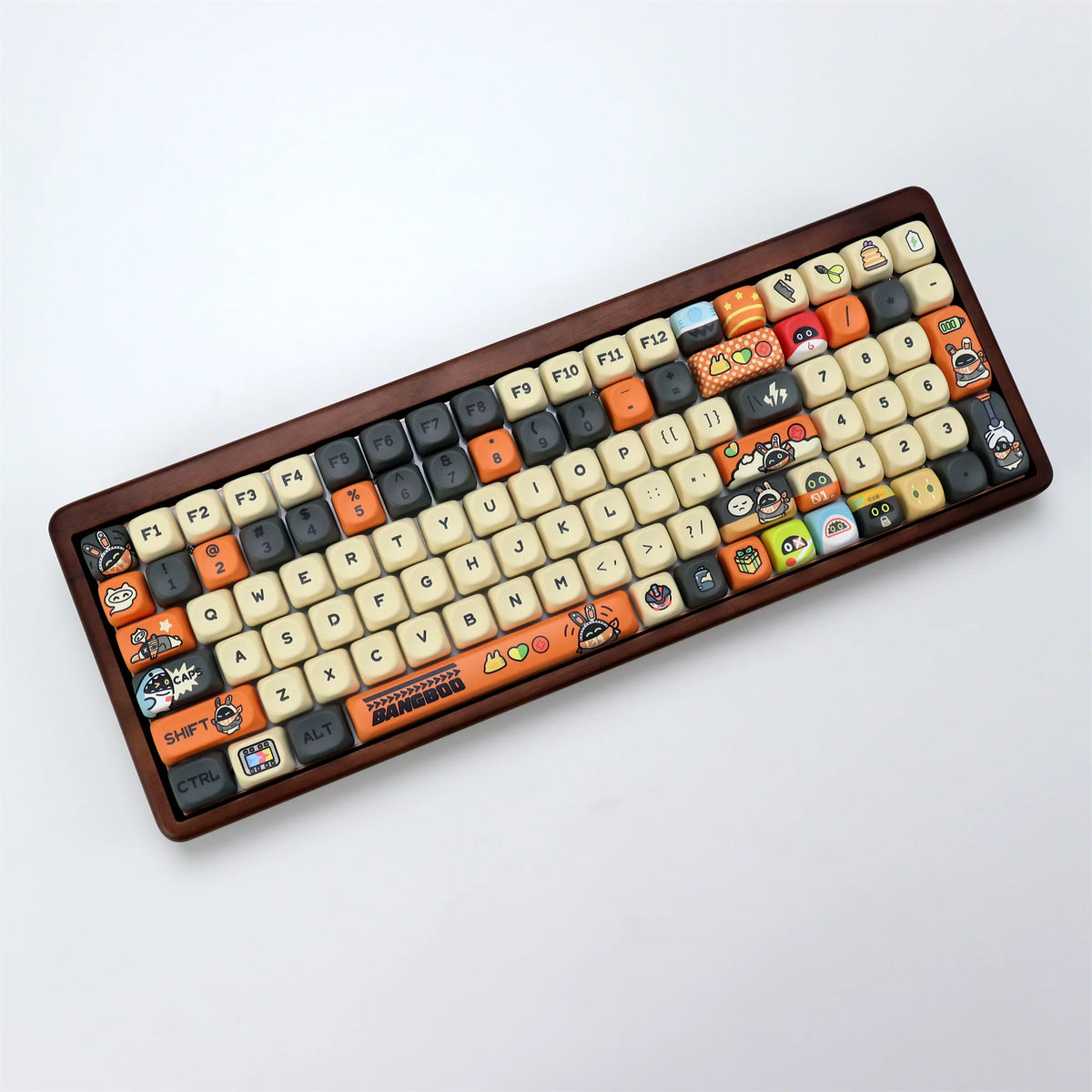 Close-up view of a mechanical keyboard with PBT keycaps in the KOA profile layout