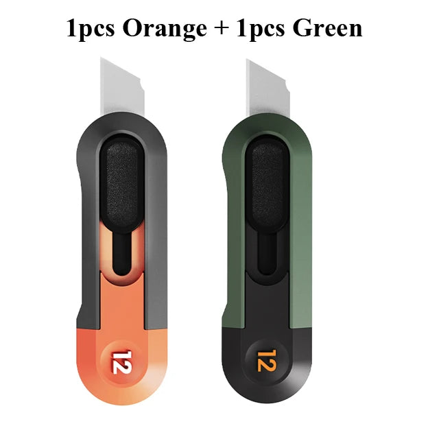 Two mini pocket knives, one orange and one green, shown side by side.