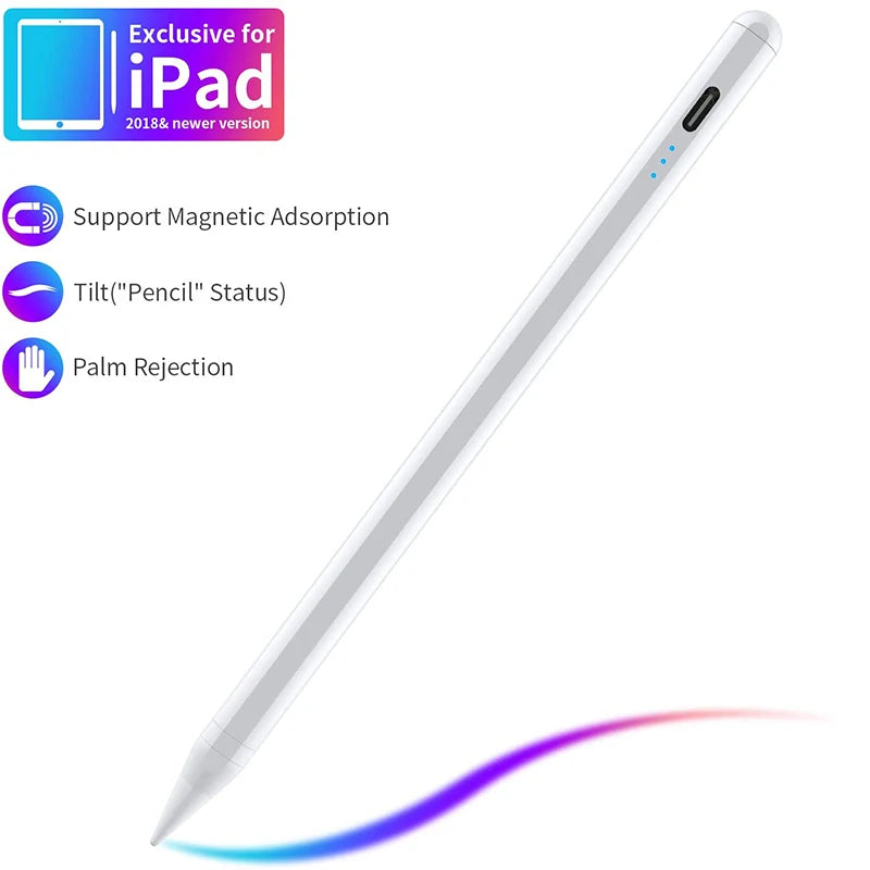 A silver Apple Pencil is shown diagonally, highlighting its design features like magnetic adsorption and palm rejection.