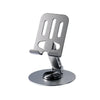 A silver, rectangular mobile phone holder with vertical slots and a rotating base.