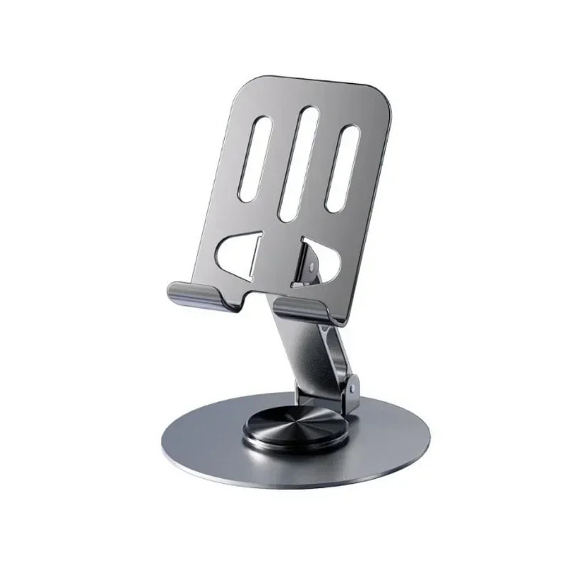 A silver, rectangular mobile phone holder with vertical slots and a rotating base.