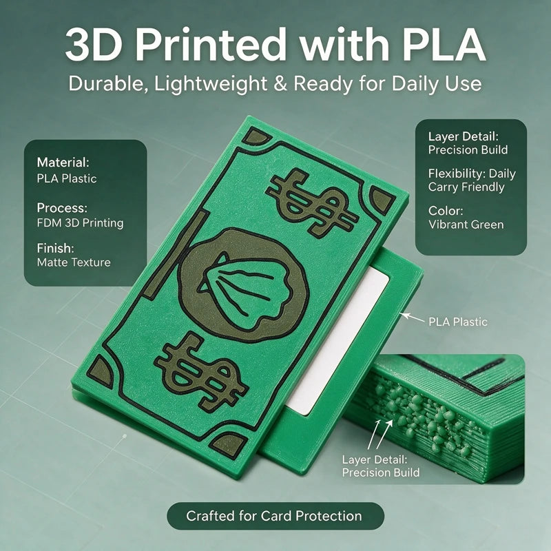 3D printed green card holder made with PLA plastic featuring a textured surface for daily use