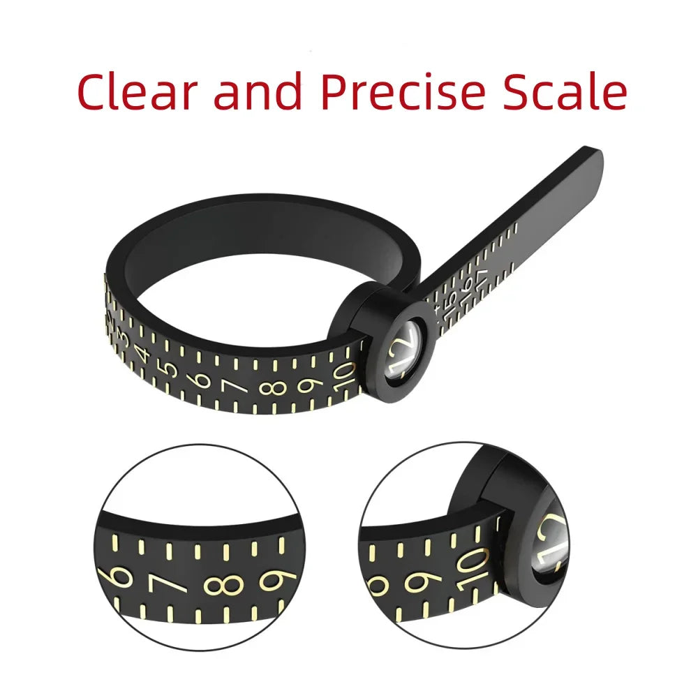 A black ring sizer and measuring tool with a magnifier showing various sizes.