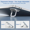 A silver laptop stand with two adjustable angles shown in close-up views.