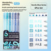 A set of six Nordic Blue Series acrylic painting gel pens in various colors, packaged for easy distinction.