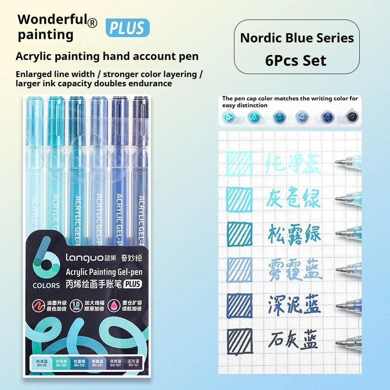 A set of six Nordic Blue Series acrylic painting gel pens in various colors, packaged for easy distinction.