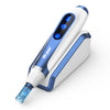 A white and blue Dr. pen microneedling device with a cartridge attached, shown from the side.