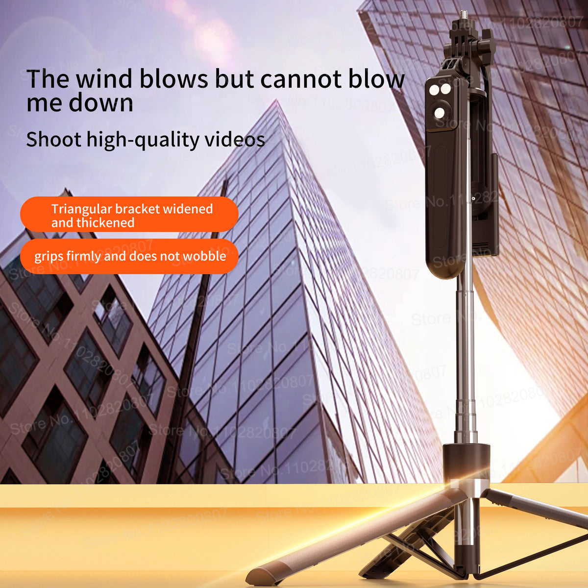A portable Bluetooth selfie stick tripod with a fill light and remote is shown against a modern glass building.