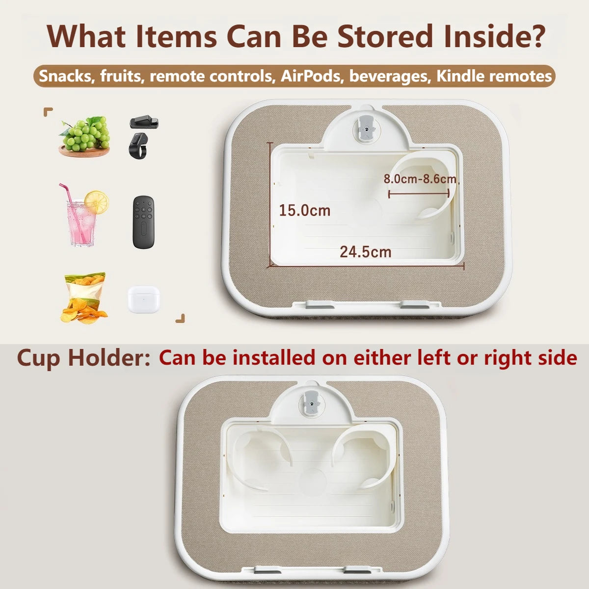 A beige silicone phone and tablet stand with a removable tray for storing various items like snacks, remote controls, and bev
