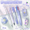 A set of seven cute cartoon school stationery items including pens, pencils, and eraser, displayed on a light background.
