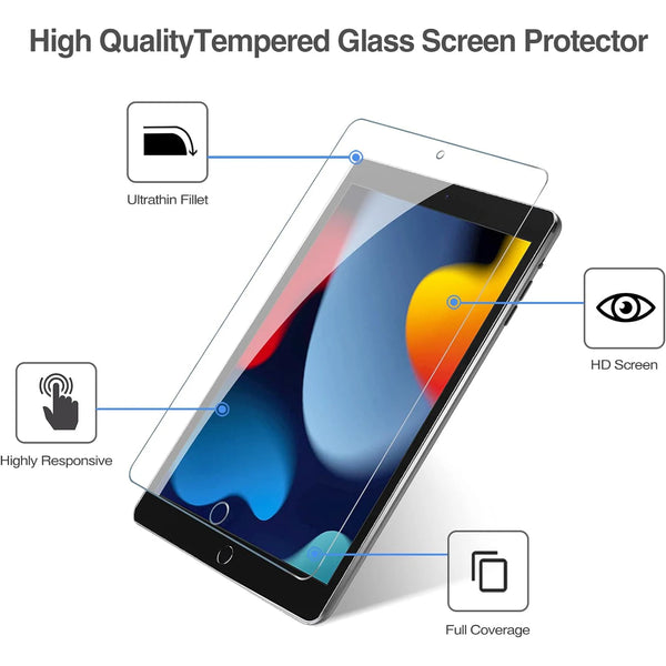 A high quality tempered glass screen protector applied to an iPad screen, demonstrating features like ultathin fillet and ful