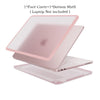 A pink laptop case shown with a face cover and bottom shell, packaged for a MacBook Neo 13.