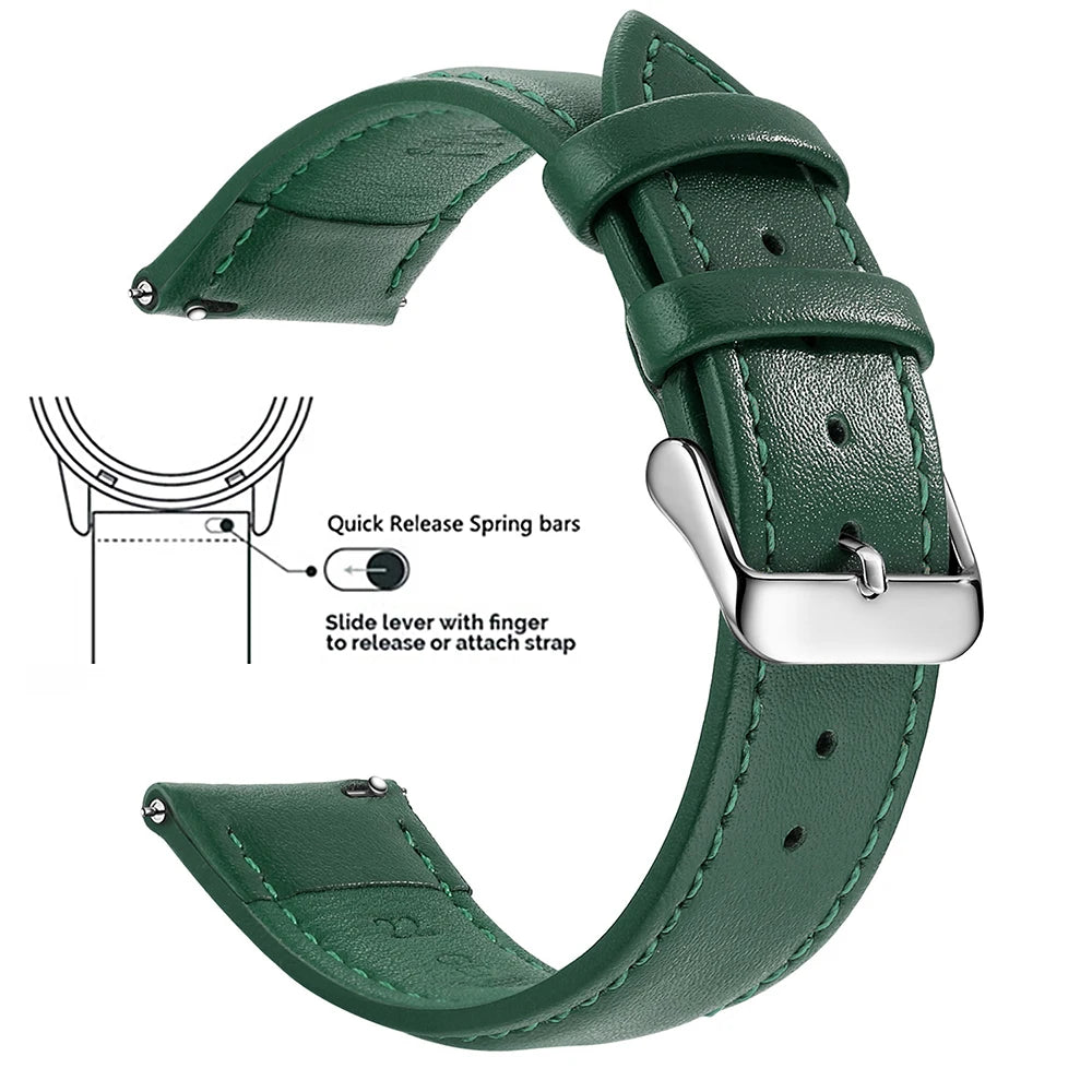 A dark green genuine leather watch band featuring quick release spring bars and a slide lever for easy strap attachment.