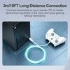 A glowing blue charging cable connects a console to a wireless controller for long-distance gaming connection.