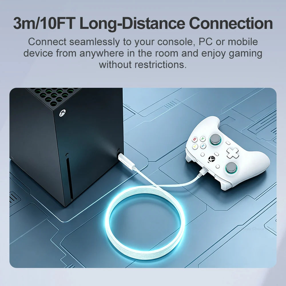 A glowing blue charging cable connects a console to a wireless controller for long-distance gaming connection.