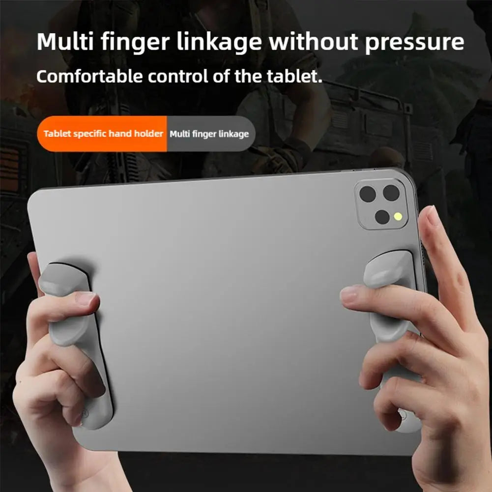 A hand is holding a tablet with a multi-finger silicone grip for comfortable control.