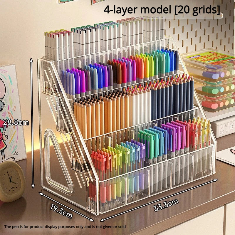 A 4-layer acrylic desk organizer displaying various colored pens and pencils in a grid layout.