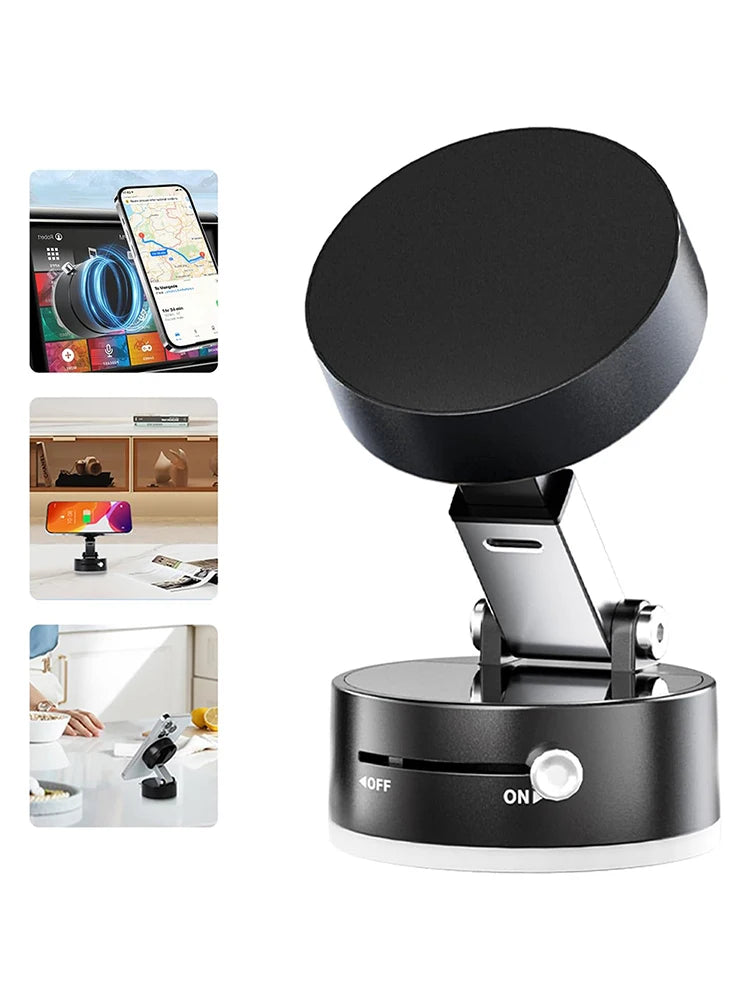 A black foldable magnetic phone holder device shown with various usage examples.