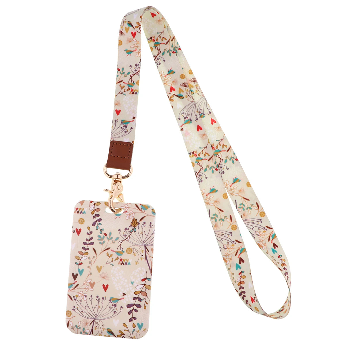 A beige patterned fabric lanyard with a brown leather attachment and a rectangular ID badge holder tag.